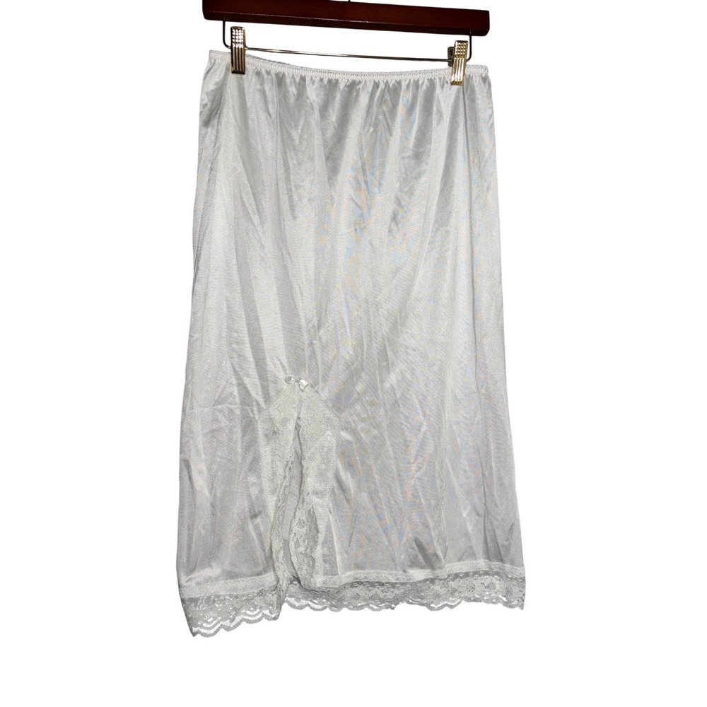 Vintage Femme White Nylon Half Slip Lace Trim Side Slit Lingerie 7 L Cottagecore